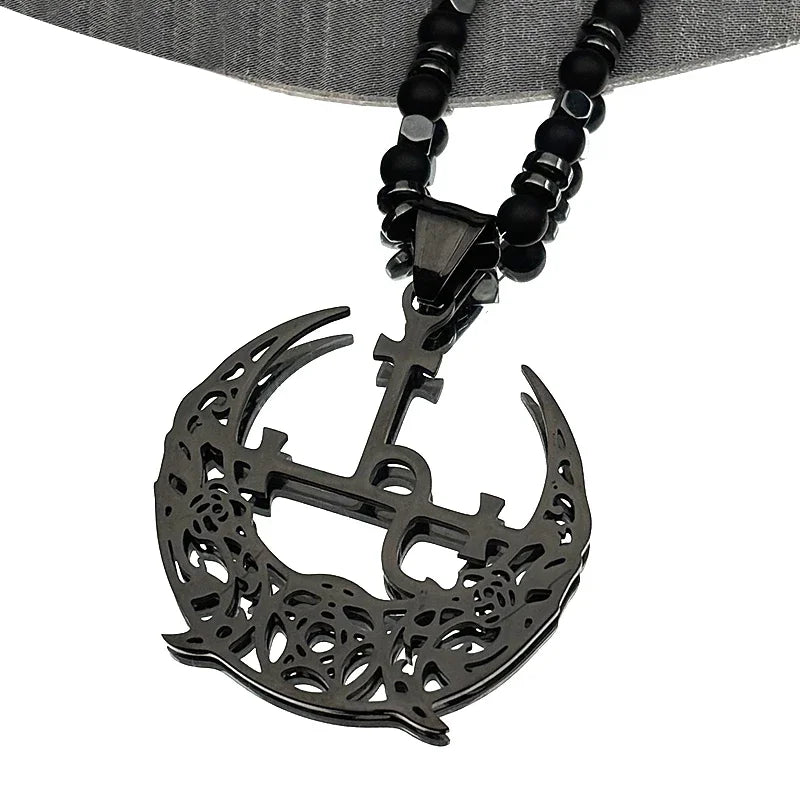 Wicca Triple Moon Crescent Pentagram Necklace For Women Men Stainless Steel Black Satan Lilith Demon Seal Hematite Chain Jewelry