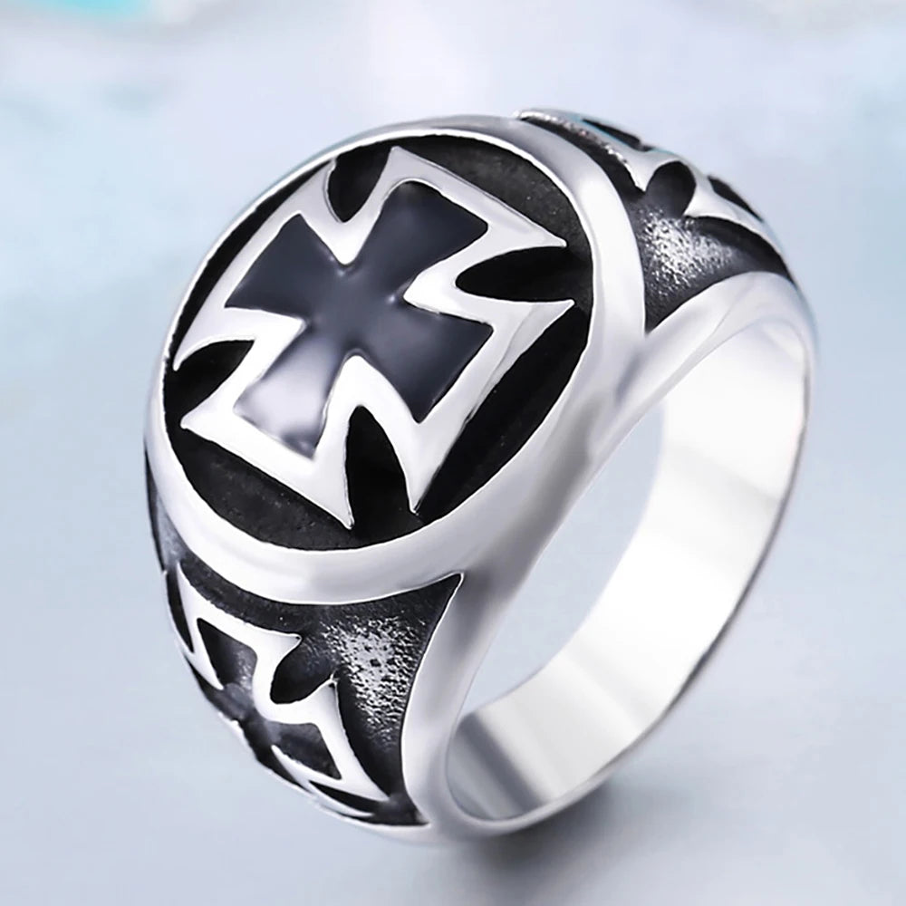 Black Iron Cross Pattern Ring — Stainless Steel