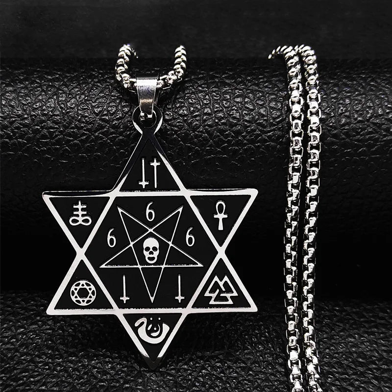 666 Skull Hexagram Pendant — Silver