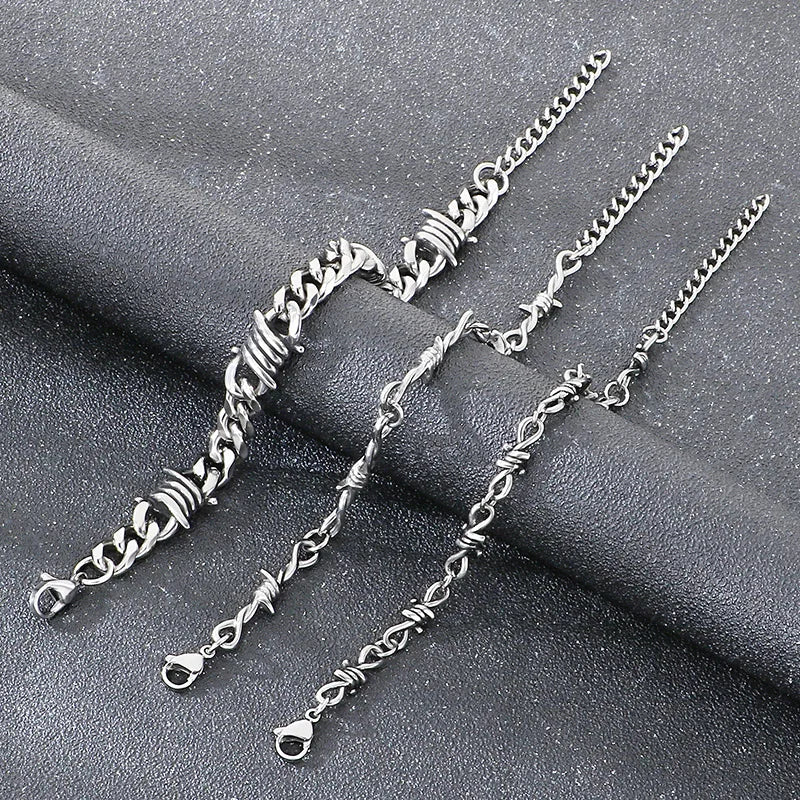Kalen Vintage Stainless Steel Twisted Barbed Wire & Wrapped Cuban Bracelet Men‘s Adjustable Gothic Punk Women’s Wrist