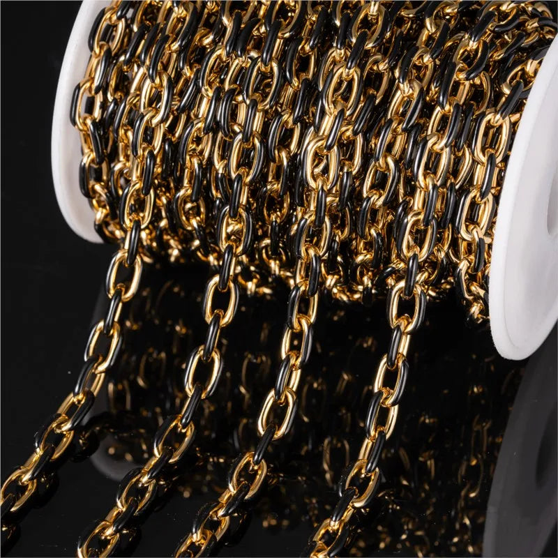 0.5m/1m Gold Plated Stainless Steel Black Enamel Paperclip Link Chain for DIY Punk Choker Necklace Jewelry Craft Making Decor