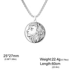 Lion Head Coin Pendant Necklace Men Stainless Steel Box Chain 60cm Animal Leo Zodiac Medallion Necklace Hip Hop Punk Jewelry