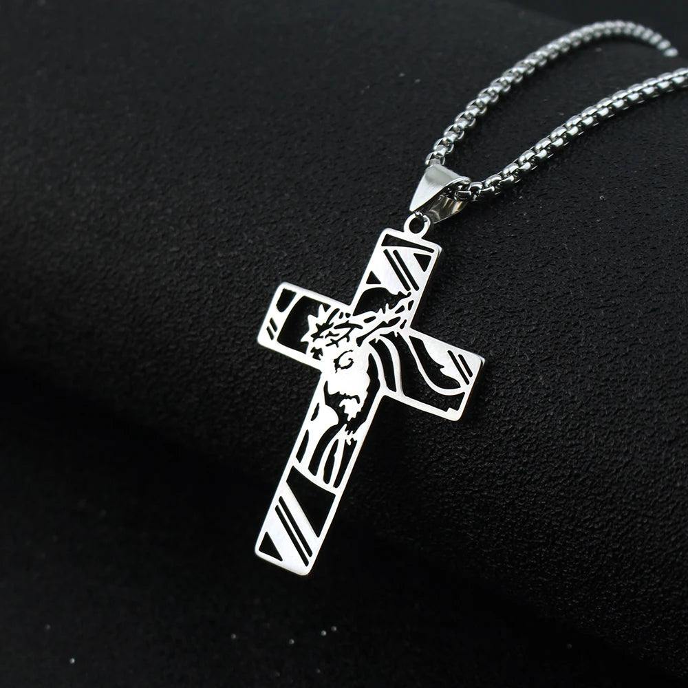 Crown of Thorns Jesus Cross Cutout Necklace — Stainless Steel