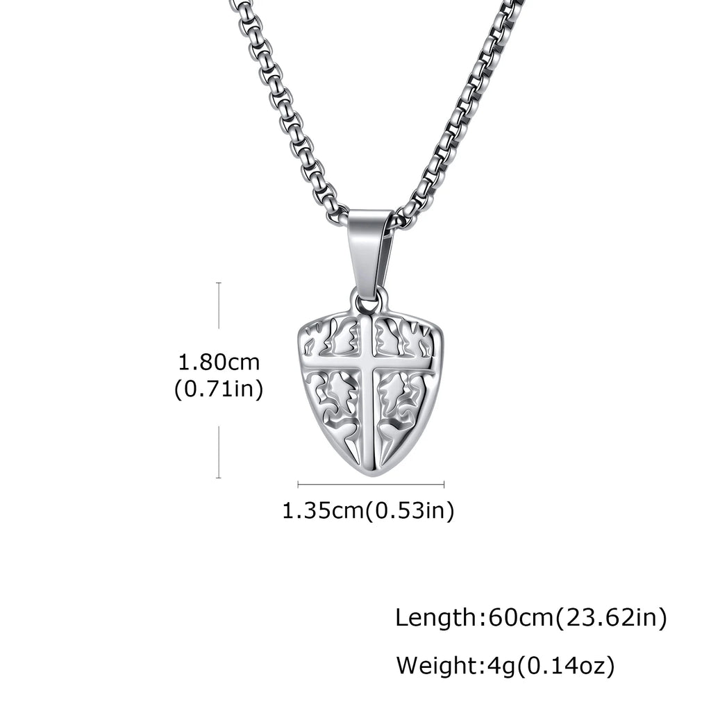 Men's Fashion Cross Shield Pendant Necklace, Waterproof Stainless Steel Punk Necklace with Box Chain, Retro Jewelry