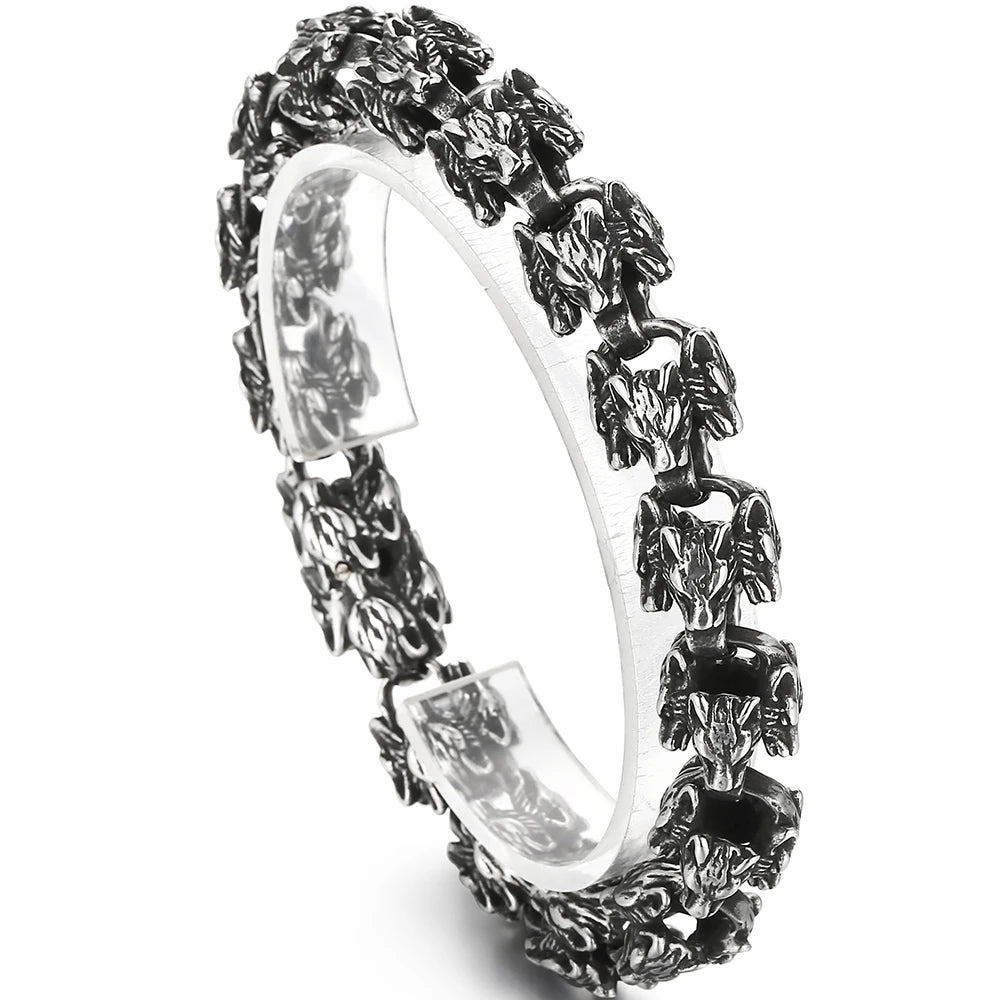 Gothic Stainless Steel Bracelets Man 12MM Wide Wolf Head Link Chain Bracelet for Men Wrist Strap Punk Nordic Viking