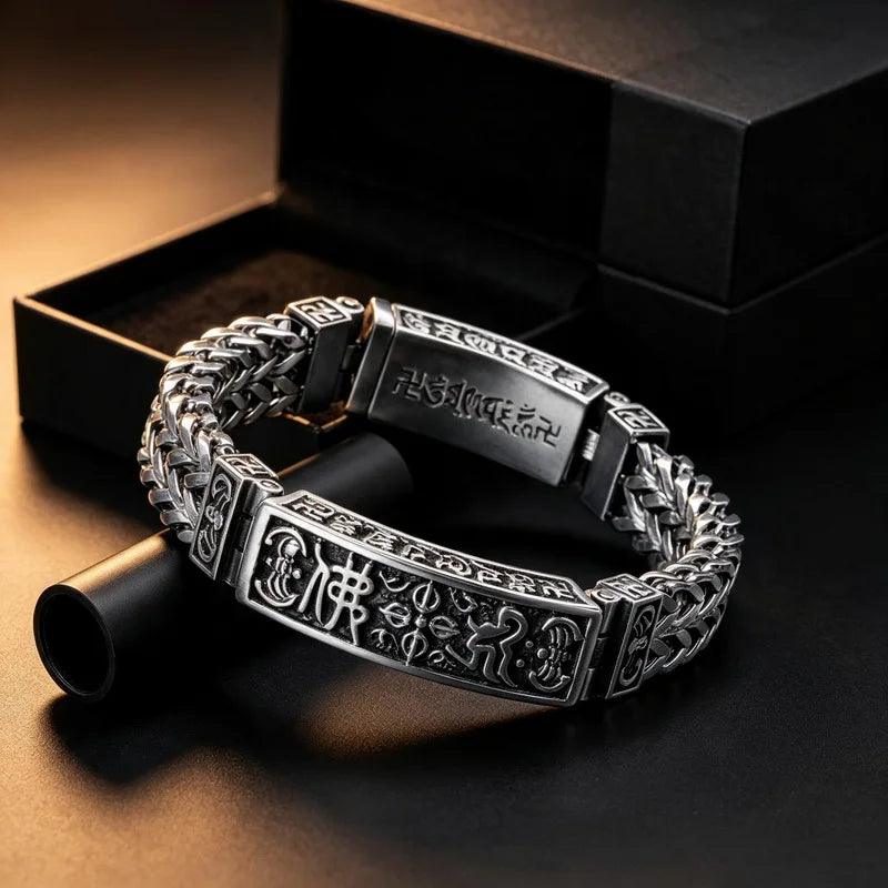 Vintage Men Stainless Steel Buddhist Motifs Bracelet Retro Pattern Link Chain Wrist Bangle Fashion Male Daily Jewelry