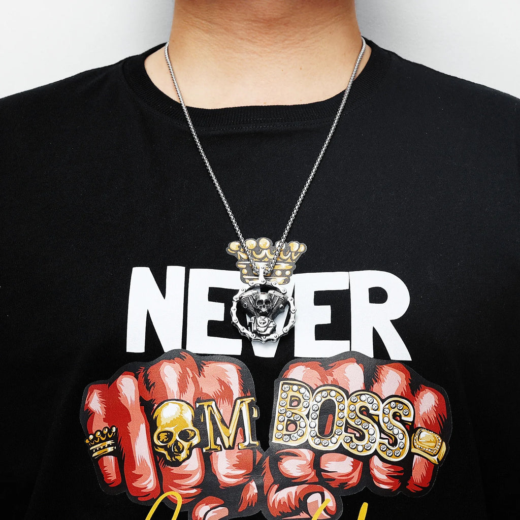 Retro Skull Engine Necklace Chain Machine 316L Stainless Steel Men Skeleton Pendant Rock Punk for Male Biker Rider