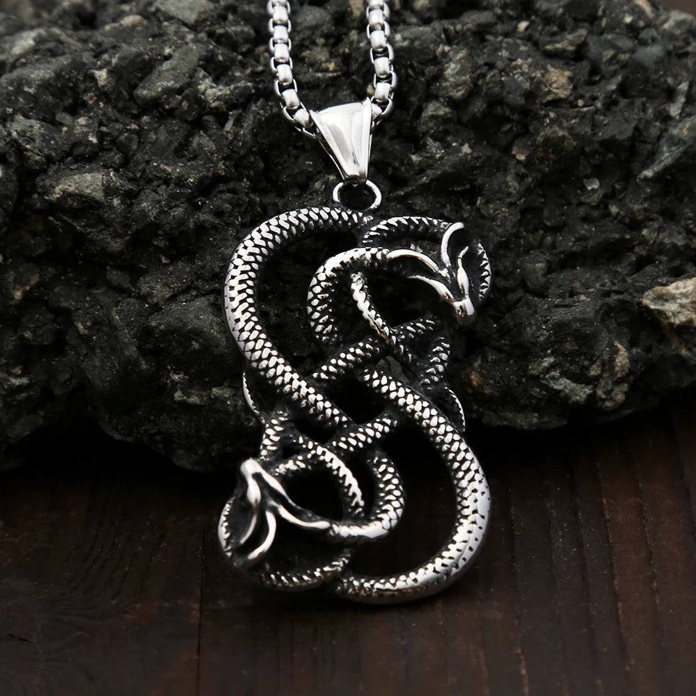 Vintage Norse Loki Double Dragon Gothic Ouroboros Pendant Necklace Stainless Steel Viking Amulet Male Jewlery Gifts