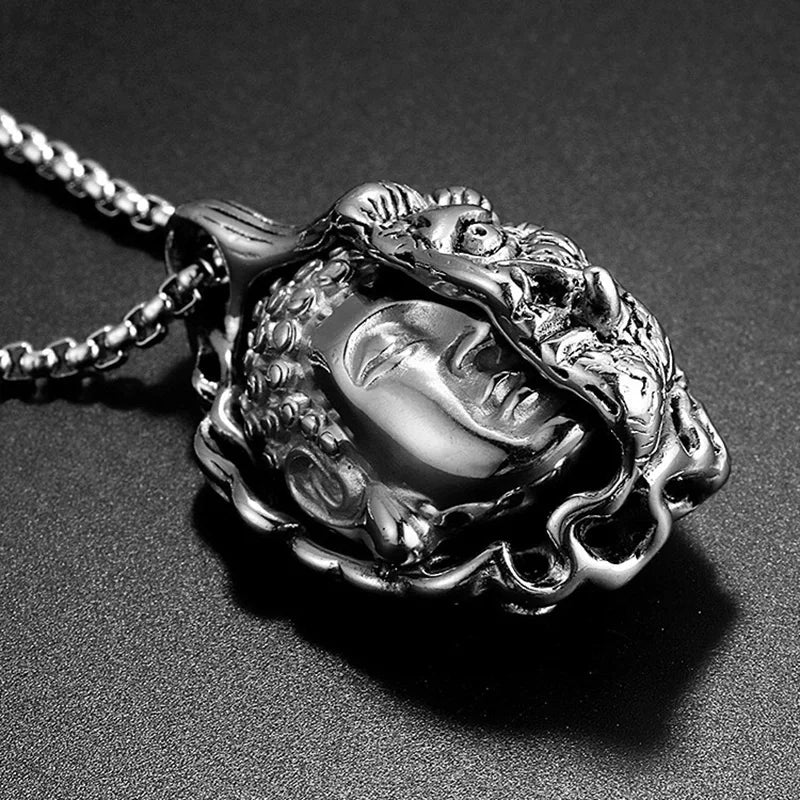 Gothic Buddha Demon Cuban Chain Necklace — Two-Tone, 21in