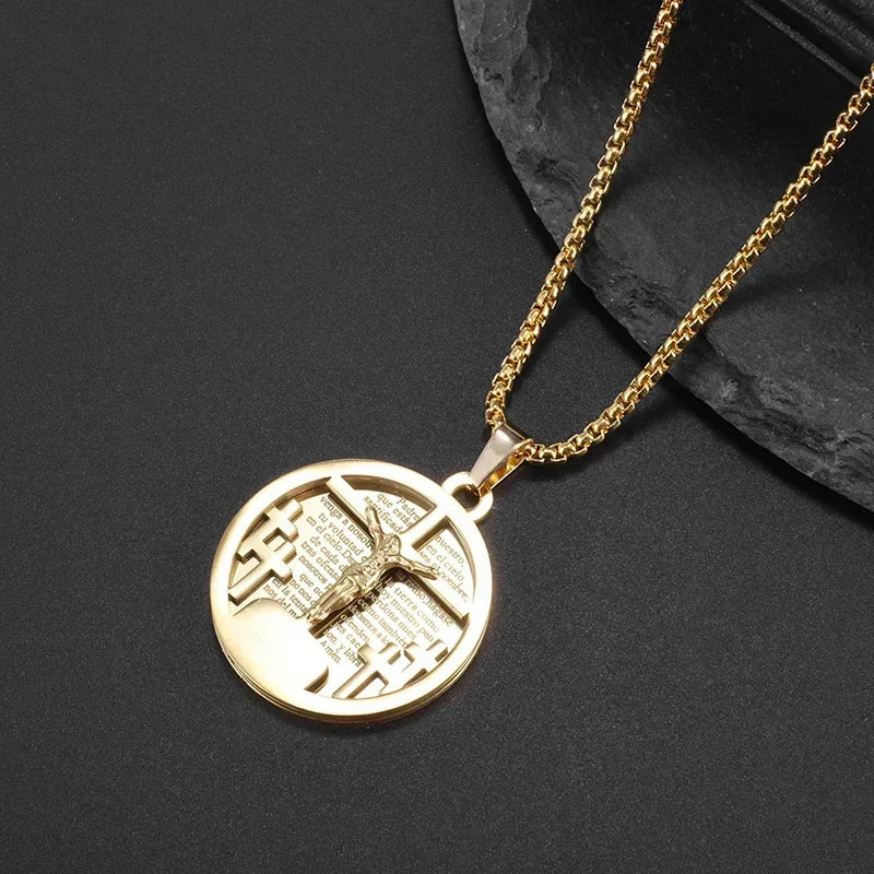 Vintage Christian Jesus Cross Stainless Steel Pendant Little Angel Prayer Necklace Men Women Faith Amulet Jewelry