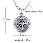 Viking Compass Pendant Necklace Silver Stainless Steel
