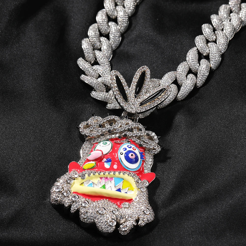 THE BLING KING Travis Scott Hip Hop Anime Enamel Funny Ghost Pendant Necklace Rap Jewelry Colorful Face With Full Cubic Zircon