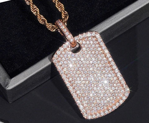 Iced Out Dog Tag Pendant Necklace — Rose Gold