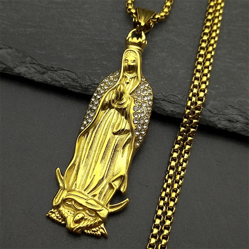 Virgin Mary Guadalupe Rhinestone Necklace — Stainless Steel