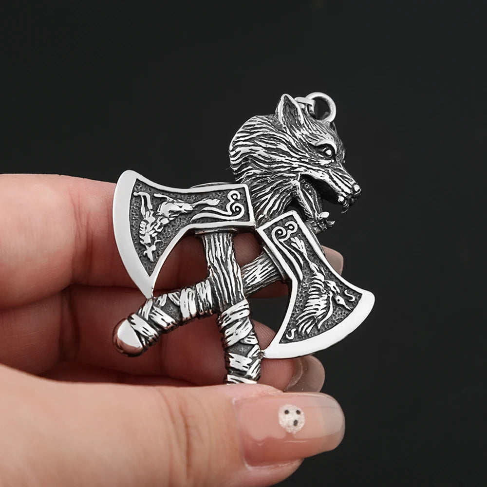 Viking Double Axe Wolf Head Pendant — SS