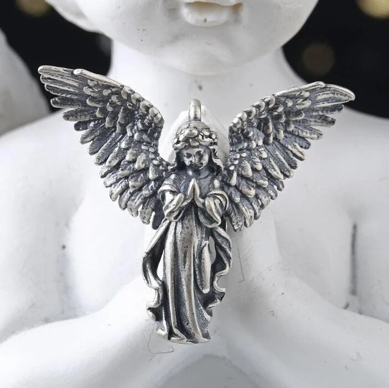 Vintage Distressed Angel Wings Pendant Necklace — Two-Tone