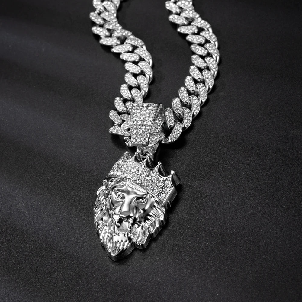 3D Crown Lion Head Cuban Pendant — Stainless Steel