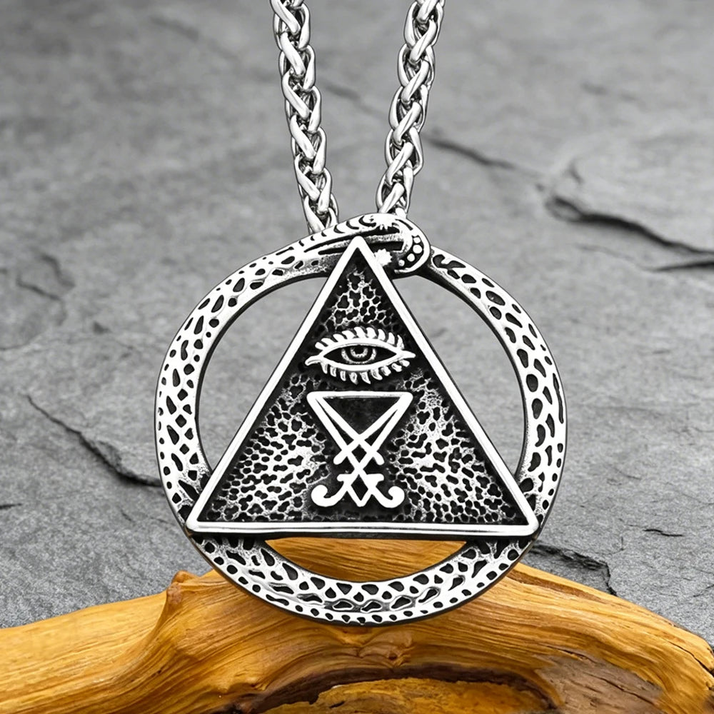 Ouroboros Triangle Eye Pendant Necklace — Amulet, Stainless Steel