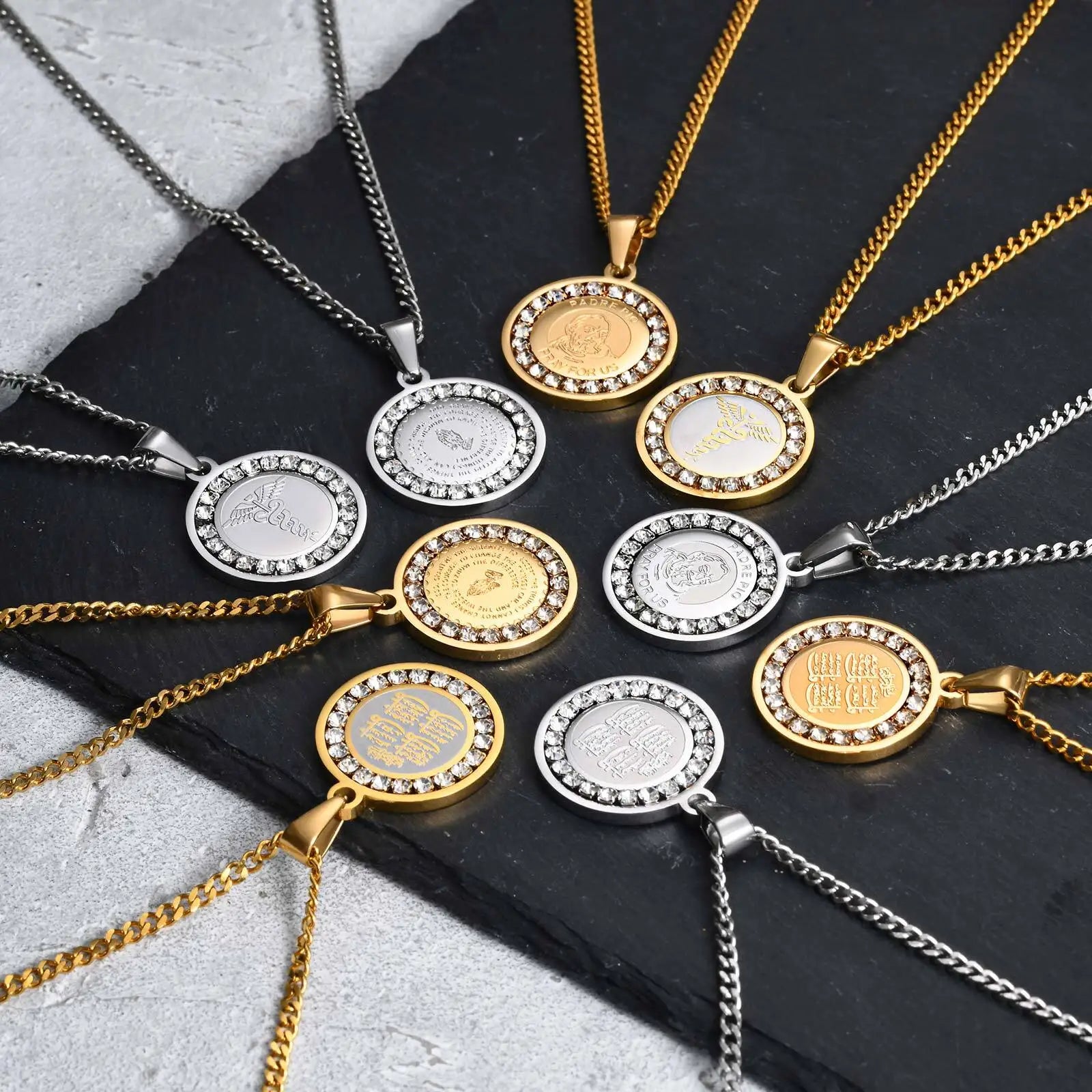 Iced Out Prayer Coin Pendant Necklace — Stainless Steel