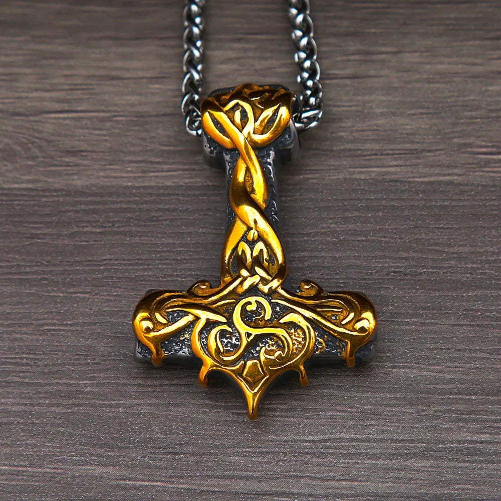 Vintage Men Nordic Thor Hammer Pendant Punk Hip Hop 316L Stainless Steel Biker Amulet Necklace Jewelry Gifts