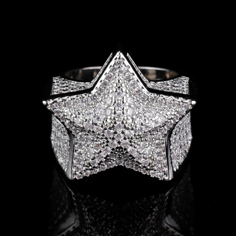 New in Hip-hop Style Trendy Fashion Star Rings for Women Domineering Inlaid Full Pentagram Female Ring Jewelry