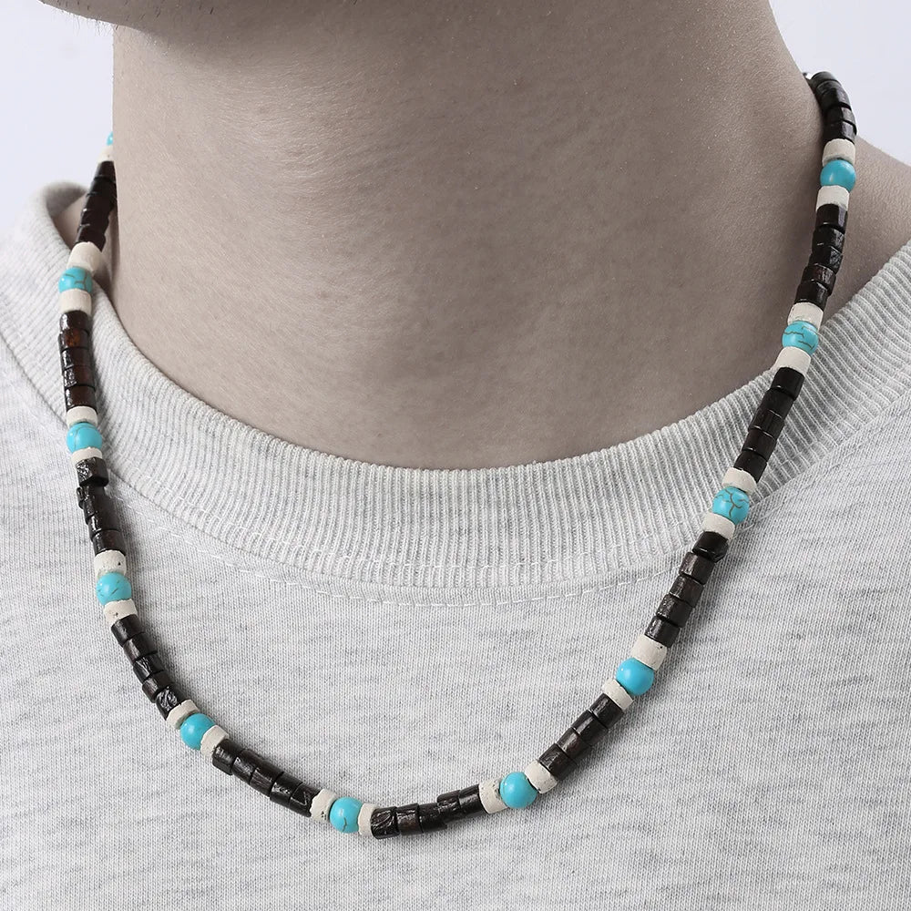 Fashion Nature Stone Wooden Necklace For Men Trendy Wooden Coconut Shell Natural Turquoise Beaded Necklace Gifts