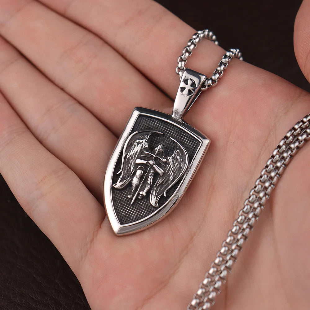316L Steel Archangel Pendant - St Michael Necklace for Men, Catholic Amulet Jewelry, Vintage Baptism Gift Religious Accessories