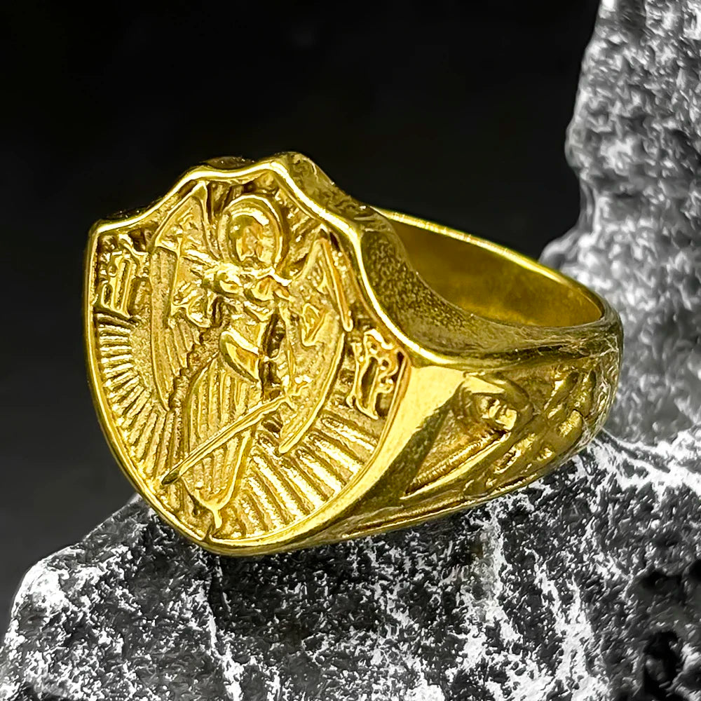 Vintage Catholic Saint Michael Protection Rings for Men Stainless Steel Archangel Boyfriend Jewelry Gifts RRR459S05