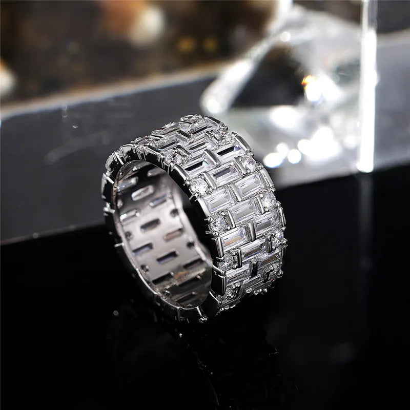 Geometric CZ Wedding Ring for Women — Silver-Tone Band