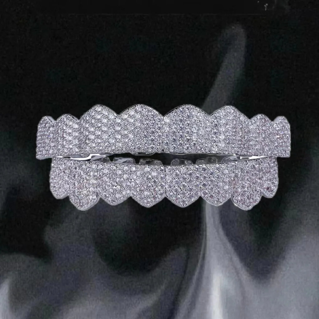 YOUNGX Fashion 8/8 Iced Out CZ Stone Fangs Teeth Grillz Hip Hop Cubic Zircon Tooth Caps For Women Men Jewelry Cosplay