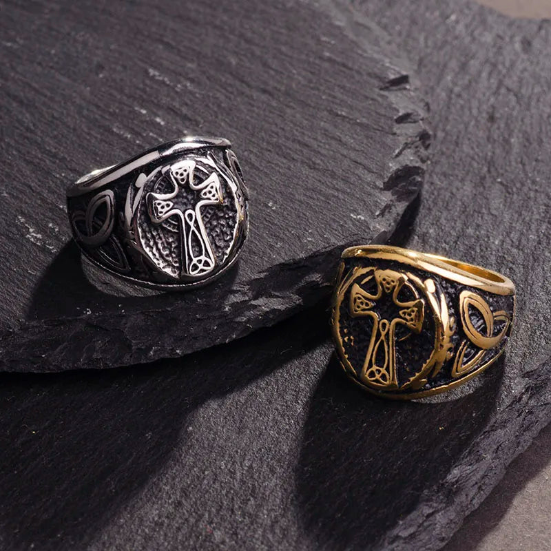 Valily Men's Celtic Knot Ring Stainless Steel Punk Silver Cross Jewelry