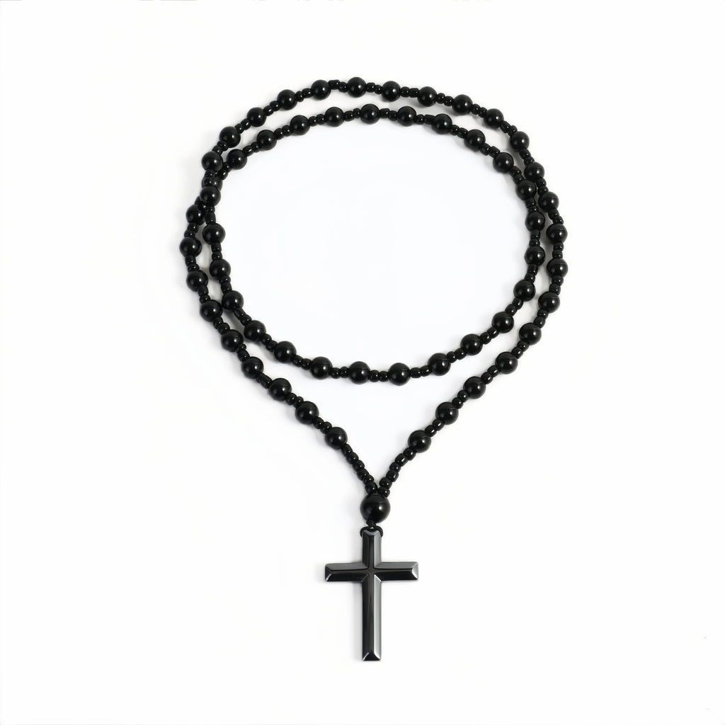 Fashion Cool Black Round Beads Hematite Cross Pendant  Necklace for Men and Women