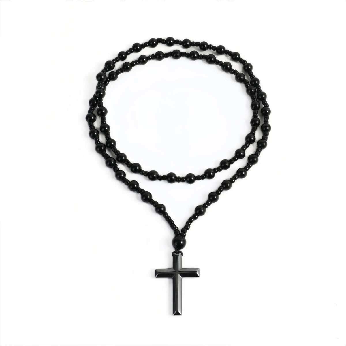 Fashion Cool Black Round Beads Hematite Cross Pendant  Necklace for Men and Women