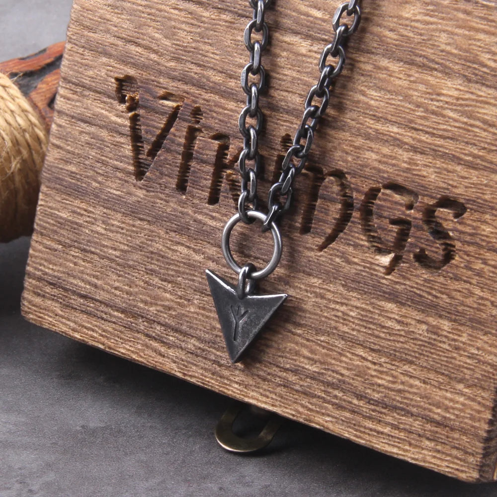 "Algiz"Rune Iron Color Viking spear Pendant Necklace with Stainless Steel Chain As Men Gift with wooden box