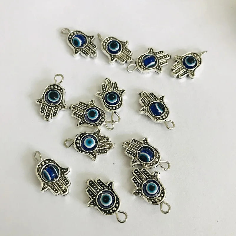 10Pcs Antique Silver Color Hamsa Fatima Hand Charm Evil Blue Eye Bead fit Pendant Necklace Bracelet Jewelry Accessories DIY