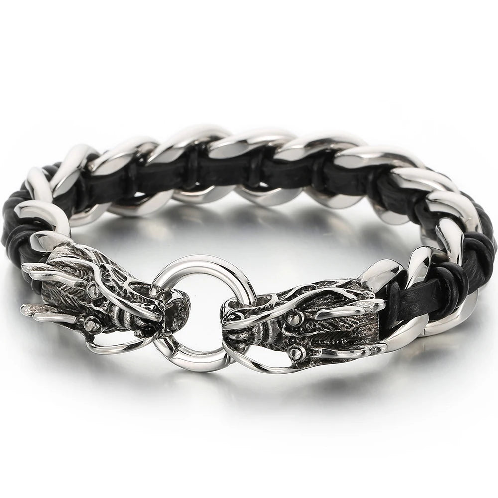 Punk Rocker Dragon Head Bracelet Man Braided Genuine Leather & 316l Stainless Steel Men's Wrist Strap Bracelets Handles