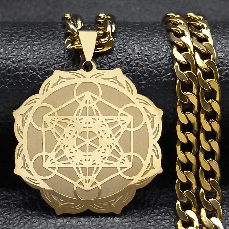 Lotus Steel Pendant Sacred Geometry Metatron Cube