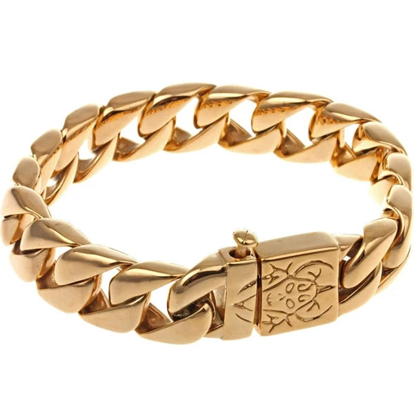 16MM Wide Gold Color Stainless Steel Curb Chain Man Bracelet Male Skull Head Bikers Jewelry Friendship Men's Bracelets