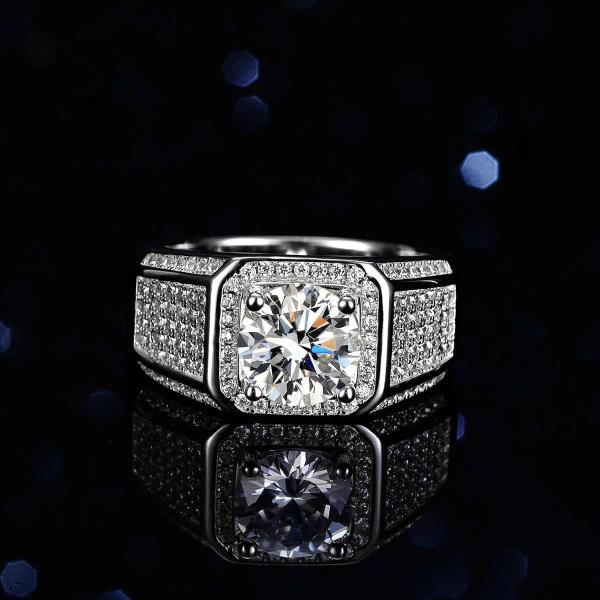 Men's Solid and Bold Boss Ring - 2 Carat Moissanite, Crafted in PT950 Platinum, Exquisite Diamond Design