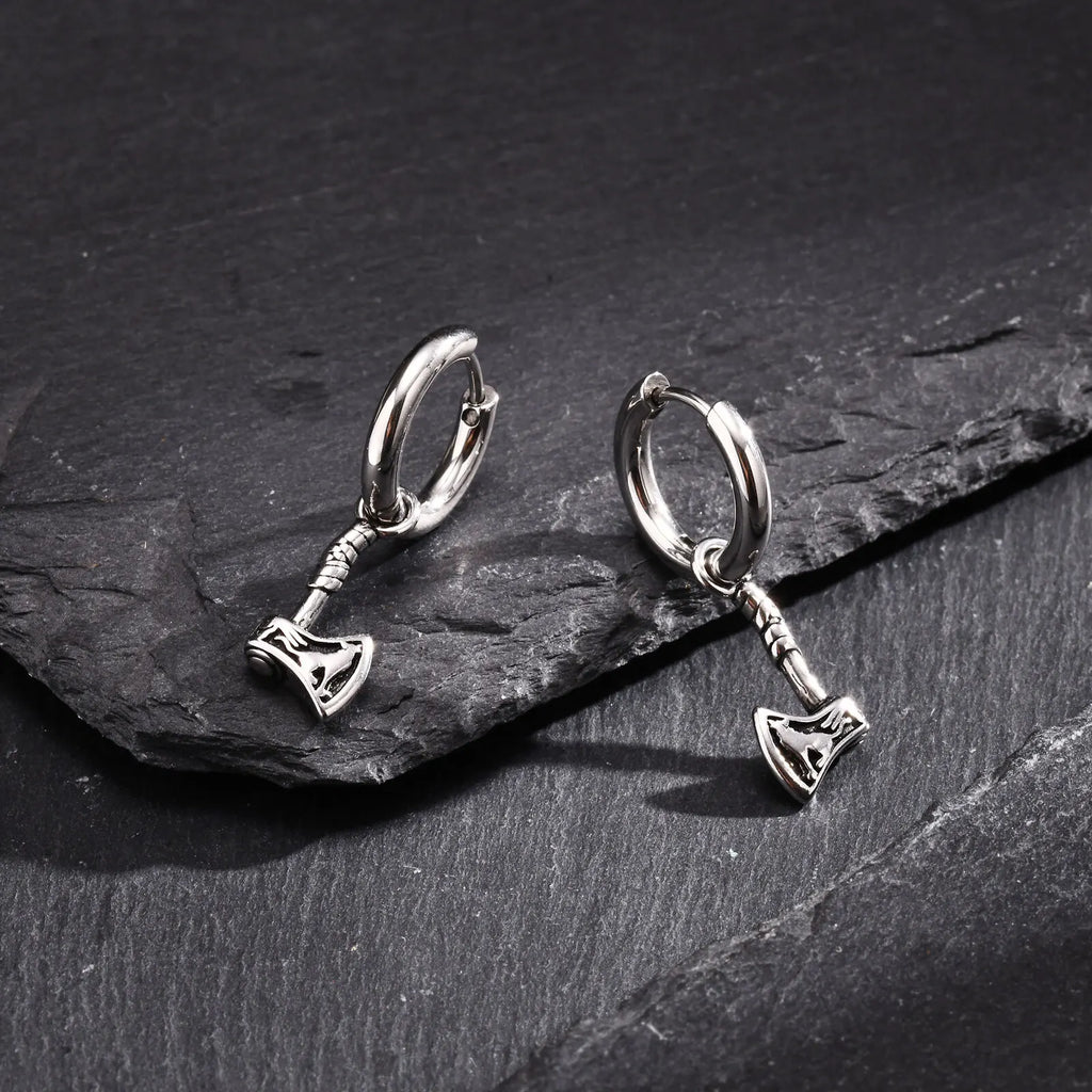 Viking Wolf Axe Hoop Earrings — Stainless Steel