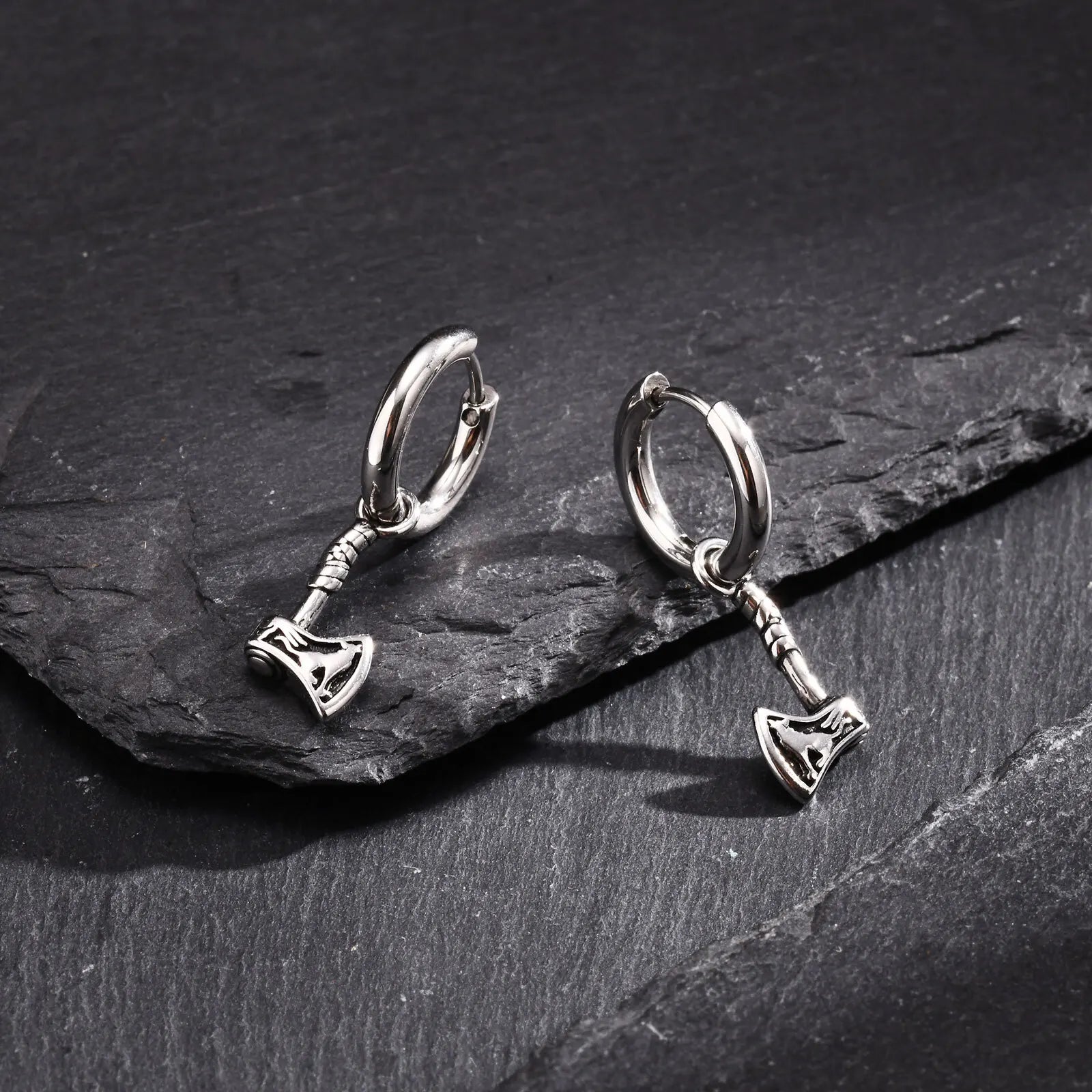 Viking Wolf Axe Hoop Earrings — Stainless Steel
