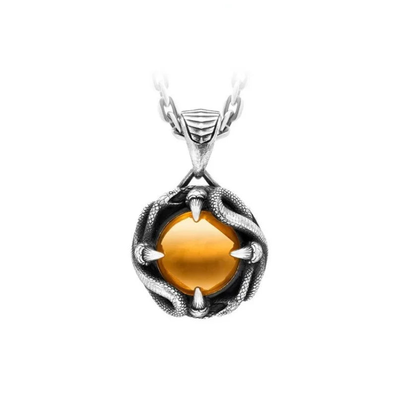 Copper Electroplated Gold Endless Glory Pendant 925Sterling Silver Men's Necklace Vintage Distressed Necklace with Amber Stone I