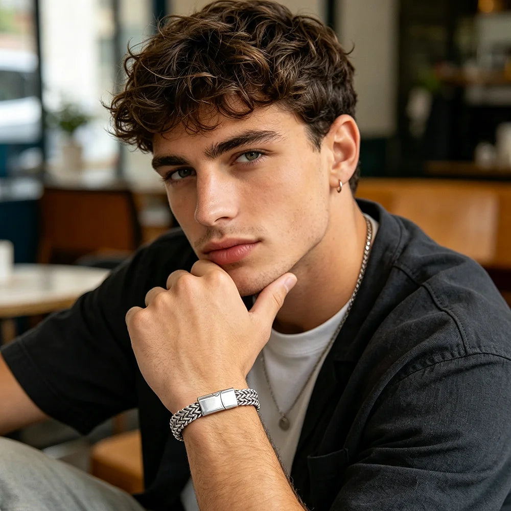 Stylish Stainless Steel Bali Foxtail Chain Bracelet for Men,Double Franco Link Chain Bracelets,Armband Male Jewelry