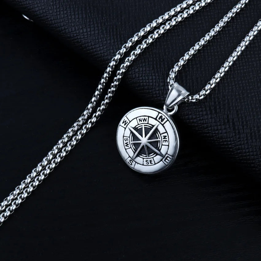 Viking Compass Pendant Necklace Silver Stainless Steel