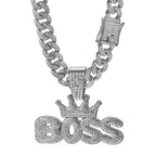 Men's Cool Hip-hop Rhinestone Letter BOSS Pendant Necklace, For Men Fashion Iced Out Bling Zircon Cuban Thick Chain