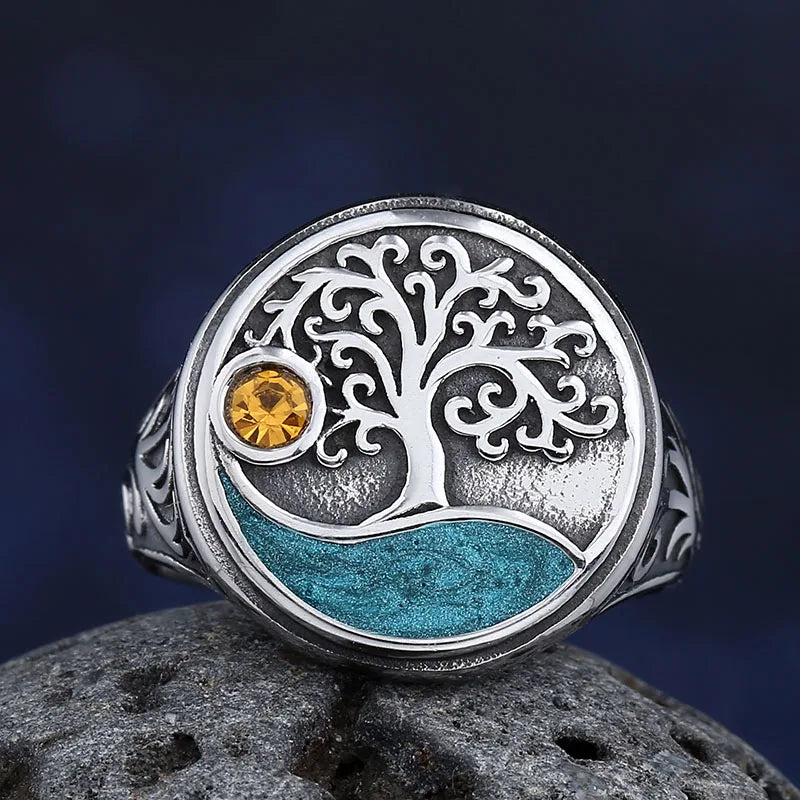 Viking Tree of Life Ring, Yellow Zircon — Stainless Steel