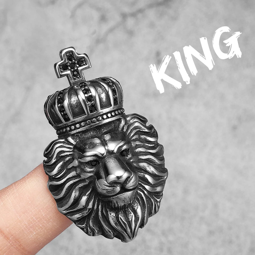 Crown Lion Head Pendant Necklace — Box Chain, Stainless Steel