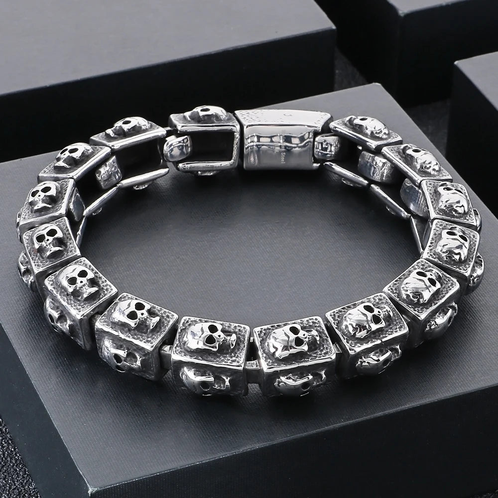 Vintage Solid Stainless Steel Bracelet for Man Men's Skeleton Jewelry Accessories 14MM Width Skull Face Head Chain