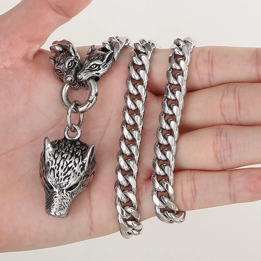 Massive Men's Wolf Head Pendant Necklace for Man 316L Stainless Steel Cuban Link Chain Gothic Hip Hop Streetwear Viking