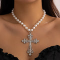 IngeSight.Z Trendy Goth Large Cross Pendant Necklace Elegant Charming Imitation Pearl Woman Choker Y2K Neck Jewelry